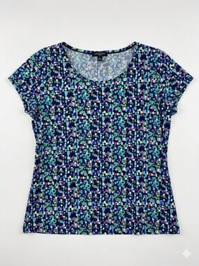 Notations Short Sleeve Scoop Neck Top in Navy with Blue, Green & Pink Mosaic